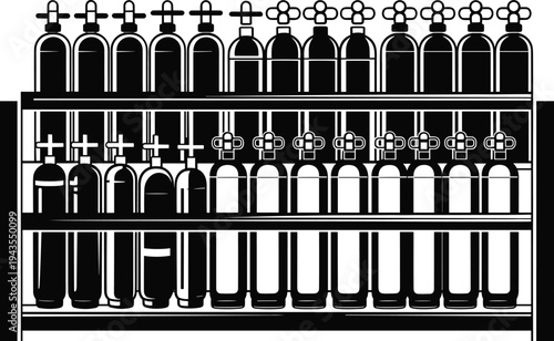 Industrial gas cylinder storage rack silhouette with oxygen tanks and compressed gas bottles, safety equipment collection for welding, medical supply and factory gas storage