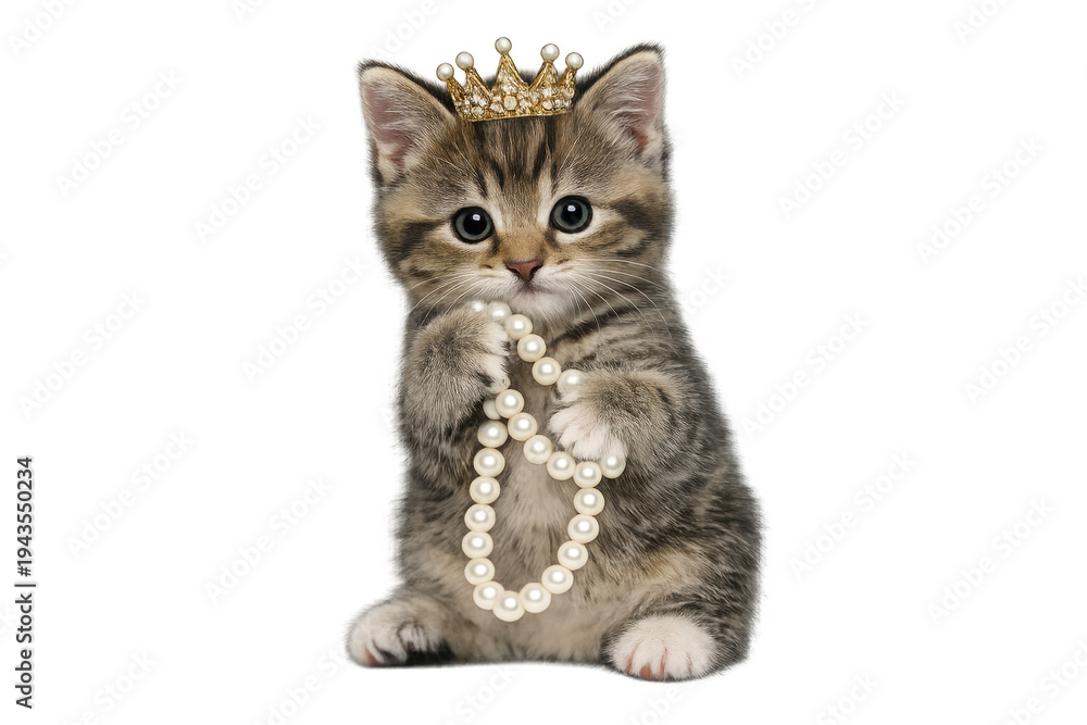 Obraz premium Kitten wearing royal crown and white pearl necklace