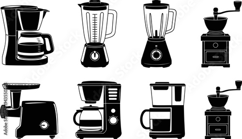 Kitchen appliance silhouette icon set including coffee maker, blender, grinder and meat grinder, household electric equipment collection for cooking, beverage preparation and kitchen tools