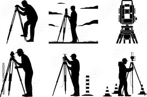 Land surveyor silhouette set using theodolite and tripod for geodetic land measurement, engineering surveying workers on construction site isolated vector illustration collection