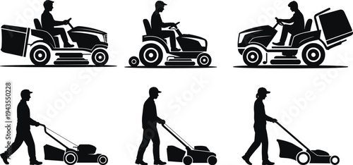Lawn mower worker silhouettes riding and pushing grass cutting machines landscaping gardening maintenance service vector illustration set isolated on white background