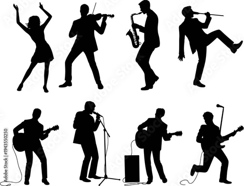 Music band performance silhouettes with singer, guitarist, saxophone and violin players plus dancing woman representing live concert, jazz band and entertainment show