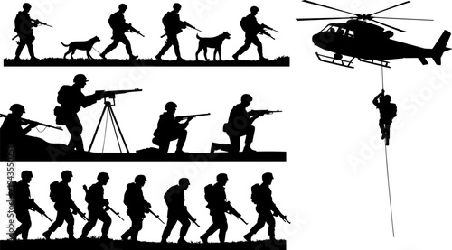 Military soldiers and combat helicopter silhouettes with armed troops patrol sniper and airborne operation army tactical mission vector illustration isolated on white background