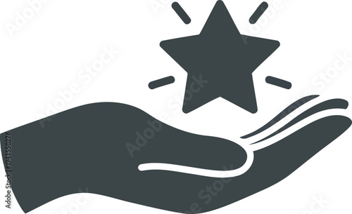 Dark gray hand icon holds a radiant star symbol with light rays on a clean white background
