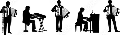 Musicians playing accordion piano and keyboard silhouettes live music performance band instrumentalists vector illustration isolated collection