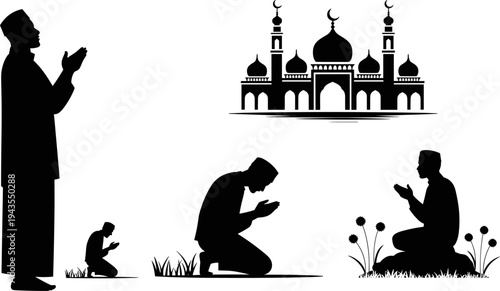 Muslim prayer silhouette set with mosque architecture and worshippers performing Islamic prayer, spiritual devotion and Ramadan religious worship concept isolated vector illustration