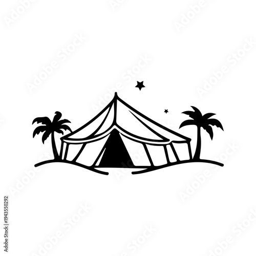 A tropical circus tent surrounded by palm trees under a starry night sky. isolated on transparent background, Vector