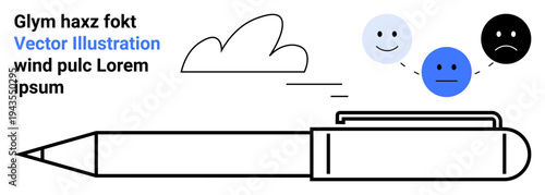 Creativity, communication, expression, writing tools, mood tracking, brainstorming. Pen alongside various emotion faces and a wind icon. Creativity and communication