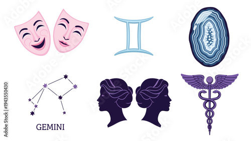 Gemini Zodiac Symbol Collection Astrology Constellation Birthstone Symbol Caduceus Faces Icons for Horoscope and Spiritual Concepts
