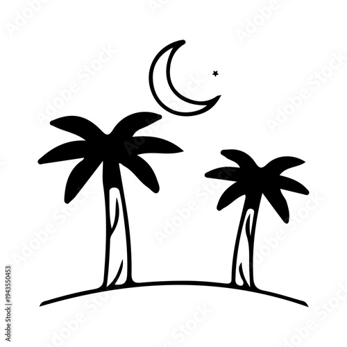 Two palm trees under a crescent moon with a star in the night sky. isolated on transparent background, Vector