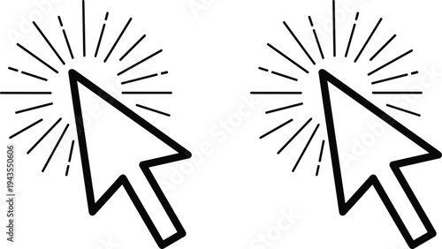 mouse cursor click icon with highlight rays, computer pointer selection symbol for user interface navigation, flat vector illustration