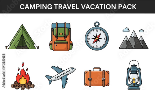 Collection of camping  travel icons tent backpack compass mountains bonfire airplane suitcase lantern