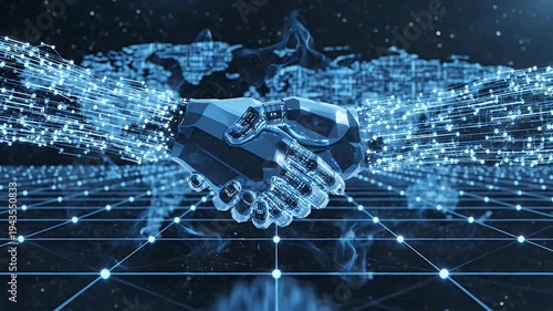 Abstract digital handshake symbolizing global technology connection and agreement