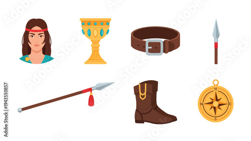 Fantasy Adventure Set Warrior Woman Magic Chalice Leather Boots Spear Compass for Game Design Illustration