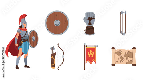 Ancient Warrior Medieval Battle Gear Set Soldier Shield Sword Arrows Bow Quiver Glove Flag Map Icons