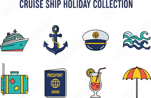 Eight flat icons of cruise ship holiday items