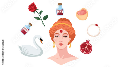 Mythological Goddess Aphrodite Surrounded by Symbols of Love Beauty and Desire Rose Pomegranate Swan Heart Love Potions and Bracelet Ancient Greek Romance Iconography