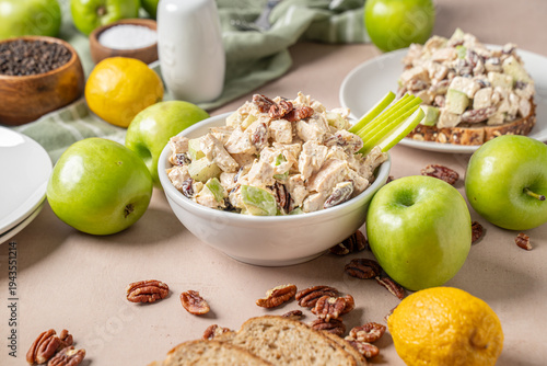Healthy chicken salad lunch. With wheat bread, apples, and pecans