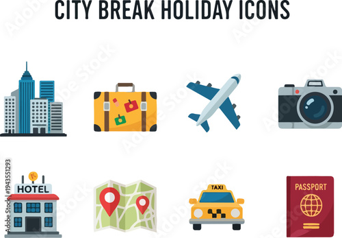 Eight flatstyle icons Buildings luggage airplane camera hotel map taxi and passport on a white background