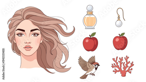 Beautiful Woman Portrait with Cosmetic Perfume Jewelry Fruit Bird Coral Beauty Wellness Concepts