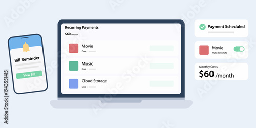 Flat vector SaaS illustration for subscription and bill management. Displays recurring payment lists, due date indicators, and mobile bill reminders in a clean, professional layout.