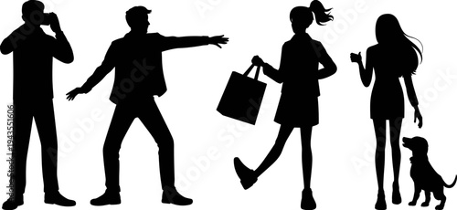 People lifestyle silhouettes including man talking on phone, dancing, woman shopping with bag and woman walking dog representing everyday urban life activities