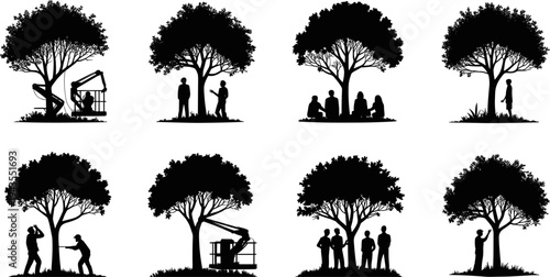 People under tree silhouettes collection with workers, families, and arborists trimming branches, nature park activity scenes isolated illustration for environment, gardening, landscaping, 
