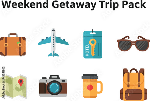 Flat icons depict travel items suitcase airplane hotel key sunglasses map camera mug and backpack