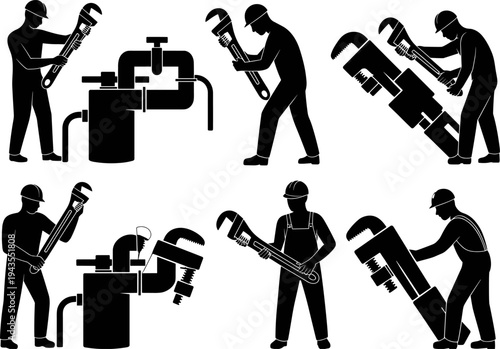 Silhouette plumbers and industrial workers repairing pipes using large pipe wrench tools maintenance plumbing system installation engineering service vector illustration set