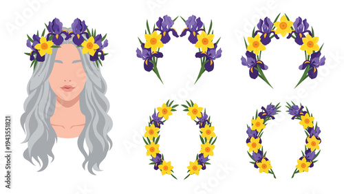 Spring Wreath Flower Crown Set Irises and Daffodils with Woman s Portrait for Festive Design