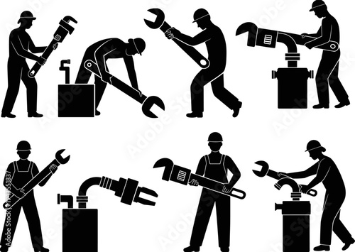 Silhouette plumbers repairing industrial pipeline system using large pipe wrench tools plumbing maintenance service workers vector illustration isolated on white