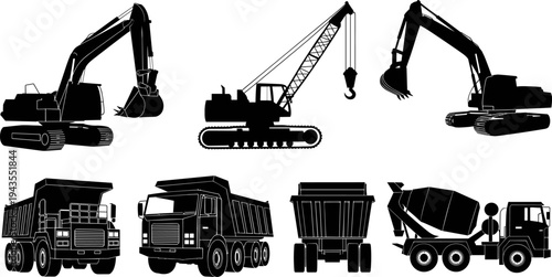Silhouette set of construction heavy equipment including excavator, crane, dump truck and concrete mixer isolated, industrial machinery collection for building, engineering and construction industry 