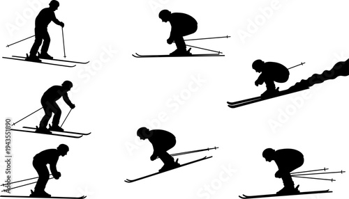 Skier silhouettes downhill skiing winter sport athlete sliding on snow with ski poles vector illustration isolated action poses collection
