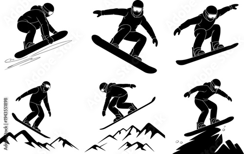 Snowboarder silhouette collection performing freestyle tricks and jumps on snowboard over mountains, winter extreme sport athlete action set isolated vector illustration