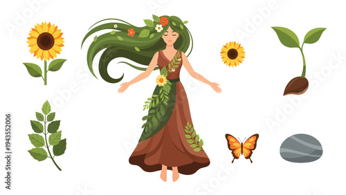 Beautiful Earth Goddess with Nature Elements Organic Growth and Spring Themed Illustration