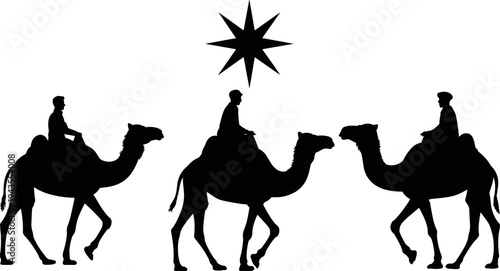 Three wise men riding camels following the Bethlehem star silhouette representing biblical nativity journey of the Magi in Christian Christmas story illustration