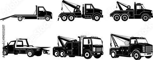 Tow truck silhouette set with flatbed tow trucks and heavy recovery vehicles, roadside assistance transport collection isolated for towing service and vehicle recovery design