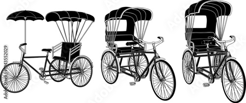 Traditional cycle rickshaw silhouette set vintage three wheel passenger bicycle taxi with canopy Asian street transport vector illustration isolated collection