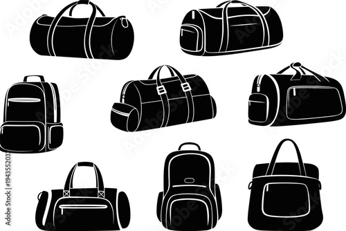 Travel bag and backpack silhouette collection with duffel bags, gym bags, luggage and backpacks, modern travel accessories set for tourism and transportation isolated on white background