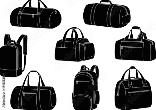 Travel bags and backpack silhouettes collection including duffel bags, luggage, gym bags and backpacks, stylish travel accessories set isolated on white background