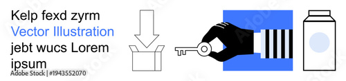 Security, instructions, access, packaging, delivery, unlock procedure. Hand holding key, arrow pointing to a box blue milk carton. Security and instructions theme illustrated with bold graphics