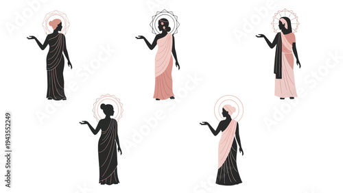 Diverse Women Figures in Traditional Sarees and Halos Representing Divinity Spirituality and Cultural Heritage
