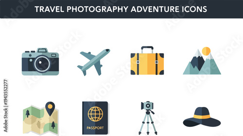 Icon set of travel photography Camera airplane luggage mountains map passport tripod hat