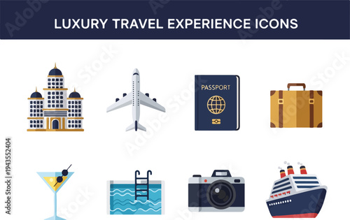 Icons of luxury travel include a hotel plane passport luggage cocktail pool camera and cruise ship
