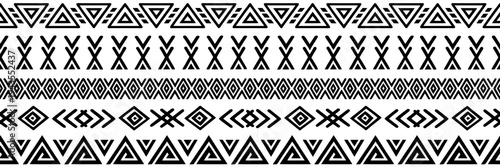 Seamless border, ethnic geometric ornament, African or Indian style tribal pattern, vector design, isolated on white background