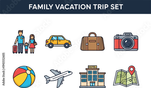 Icons set depicting family vacation elements including a family car luggage camera ball airplane hotel and map