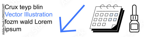 Scheduling, productivity, organization, reminders, planning, communication. Calendar icon, arrow pointing downward and dropper bottle next to text. Scheduling and productivity