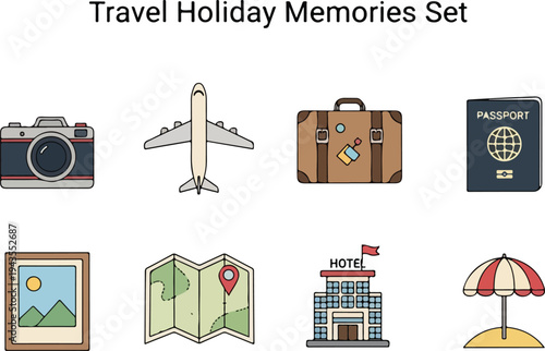 Illustrated travel icons including a camera airplane suitcase passport picture map hotel and umbrella