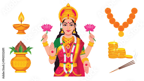 Goddess Lakshmi with Auspicious Symbols Diya Kalash Garland Lotus Gold Coins Incense for Prosperity Festivals