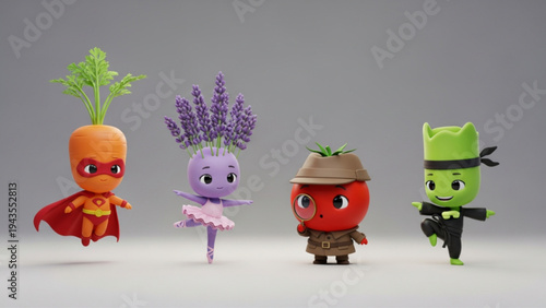 Set of Cute 3D Cartoon Vegetable Characters as Superhero Ballerina Detective and Ninja